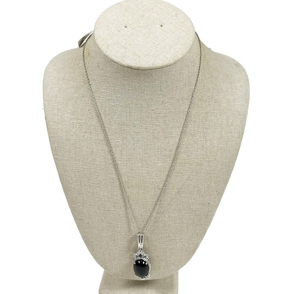 Sterling Silver 925 Black Onyx Cabochon Pendant Necklace Scroll Filigree New - Picture 2 of 13